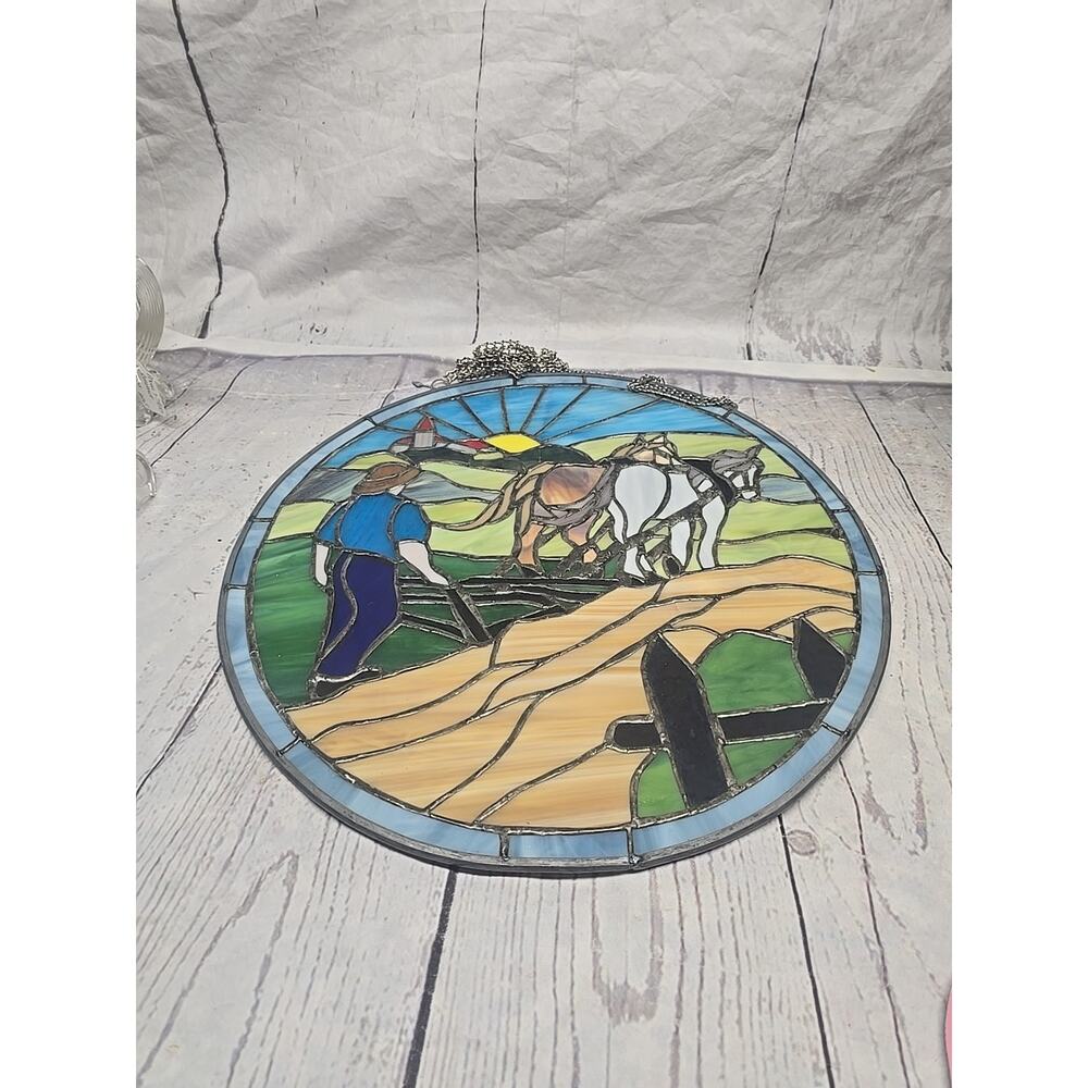 Vintage Handmade Stained Glass Horse Plow & Farmer 16” Round Cottagecore